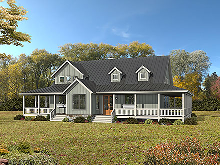 Country Farmhouse Prairie Style Ranch Traditional Elevation of Plan 81508