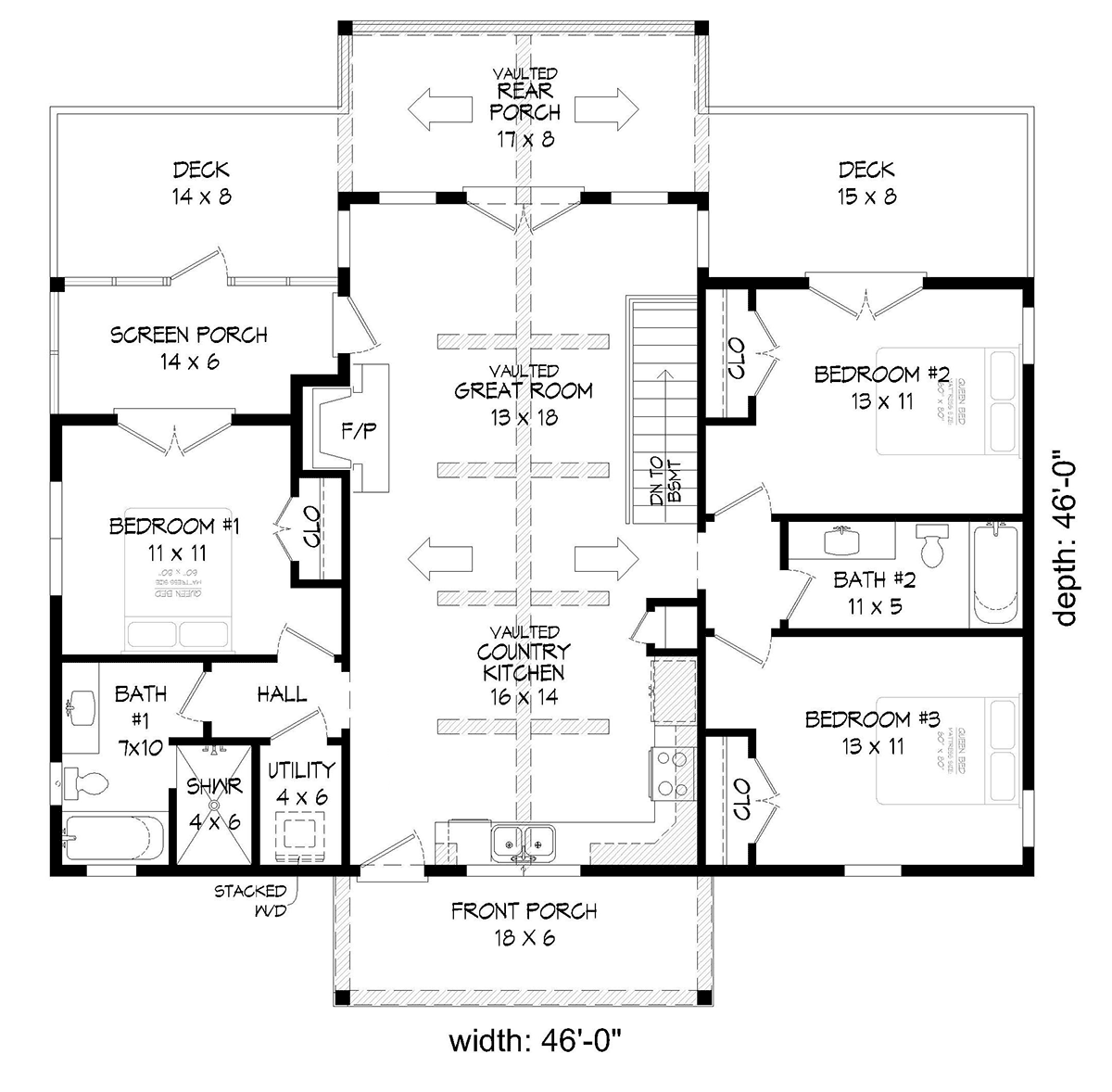 Country Farmhouse Ranch Traditional Level One of Plan 81516