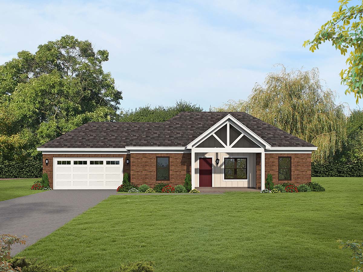 Traditional Plan with 1251 Sq. Ft., 3 Bedrooms, 2 Bathrooms, 2 Car Garage Elevation
