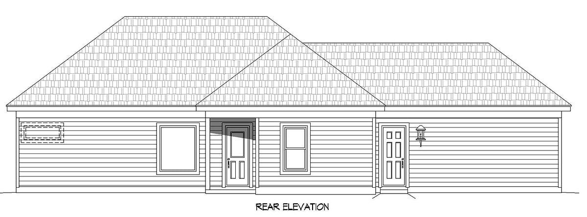 Traditional Plan with 1251 Sq. Ft., 3 Bedrooms, 2 Bathrooms, 2 Car Garage Rear Elevation