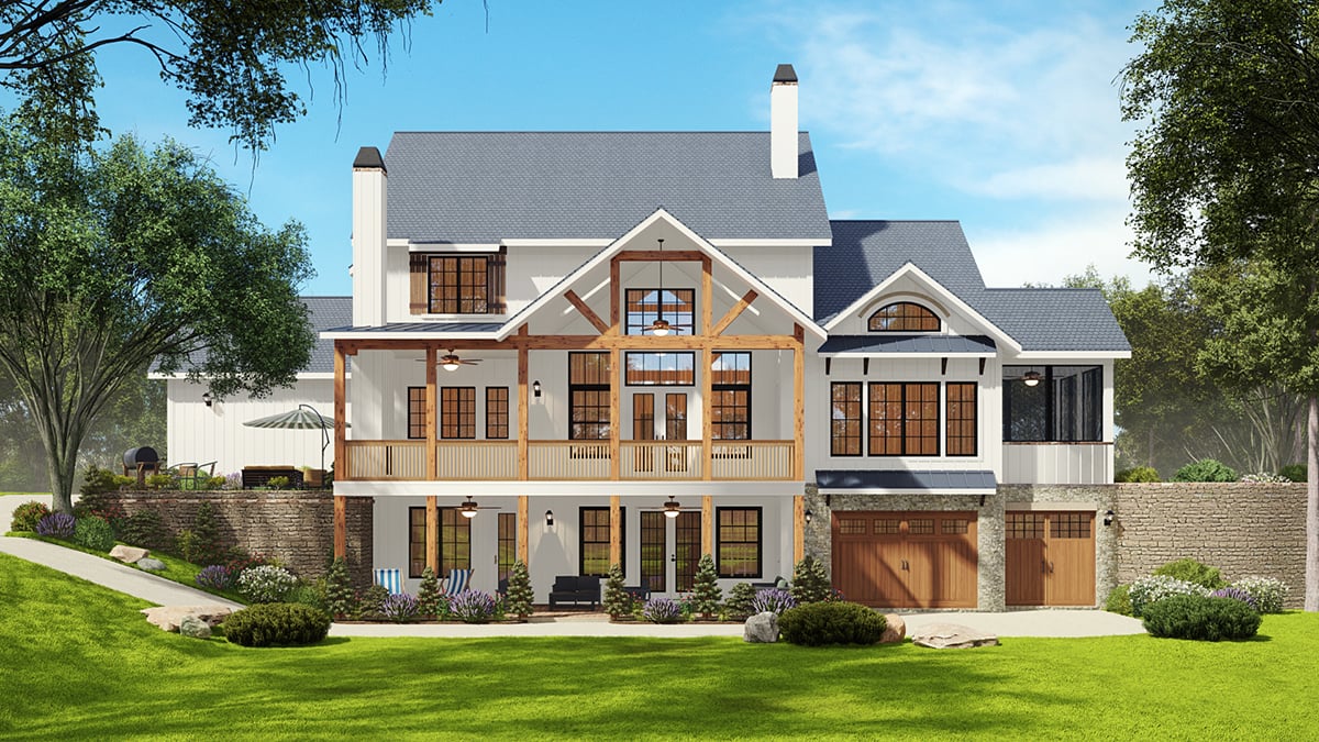 Farmhouse, New American Style, Traditional Plan with 4370 Sq. Ft., 4 Bedrooms, 5 Bathrooms, 2 Car Garage Rear Elevation