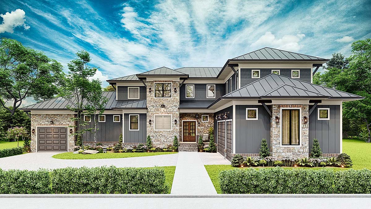 Coastal, Contemporary, Prairie Style Plan with 4952 Sq. Ft., 5 Bedrooms, 7 Bathrooms, 5 Car Garage Elevation