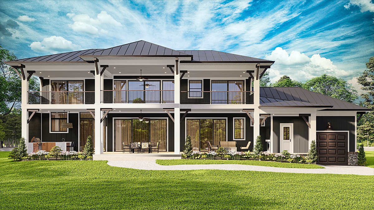 Coastal Contemporary Prairie Style Rear Elevation of Plan 81648