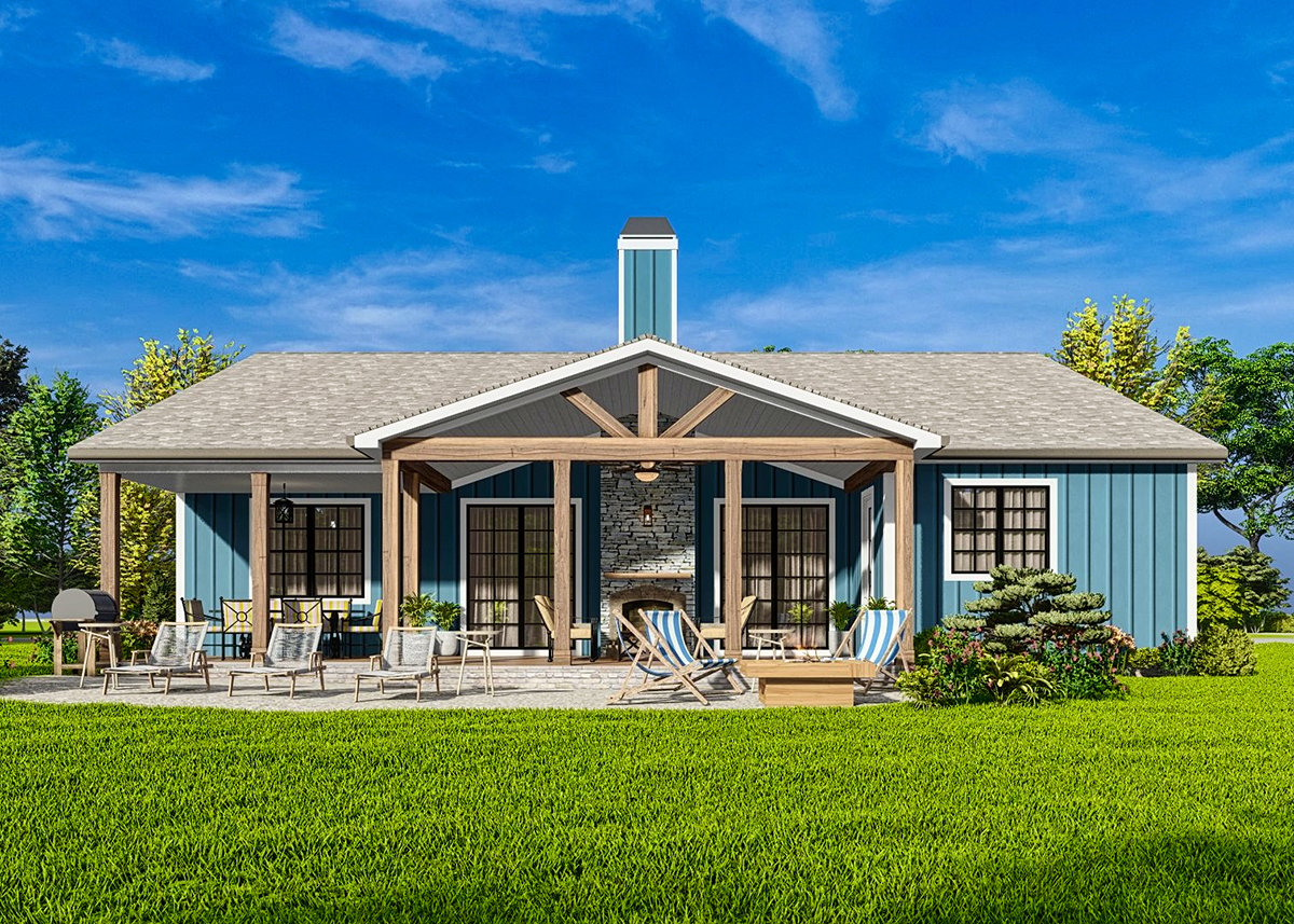 Country, Craftsman, Ranch Plan with 2270 Sq. Ft., 3 Bedrooms, 3 Bathrooms Rear Elevation