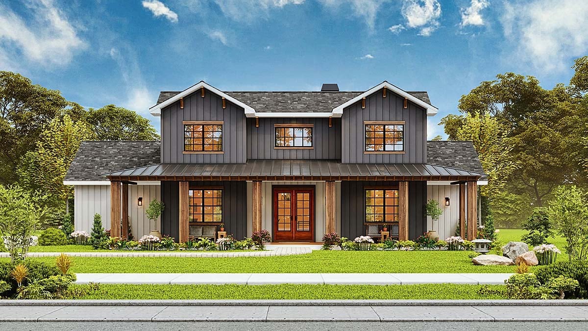 Contemporary, Country, Farmhouse Plan with 2459 Sq. Ft., 4 Bedrooms, 4 Bathrooms, 2 Car Garage Elevation