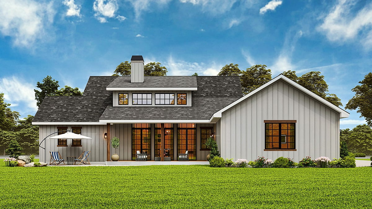 Contemporary, Country, Farmhouse Plan with 2459 Sq. Ft., 4 Bedrooms, 4 Bathrooms, 2 Car Garage Rear Elevation