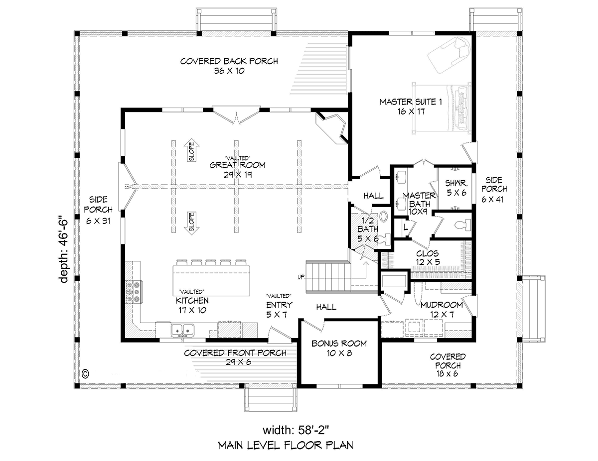 Country Farmhouse Traditional Level One of Plan 81766