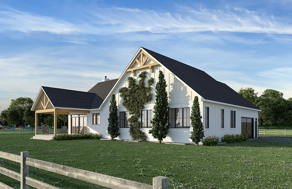 Country, Farmhouse, Ranch Plan with 2039 Sq. Ft., 3 Bedrooms, 2 Bathrooms, 1 Car Garage Rear Elevation