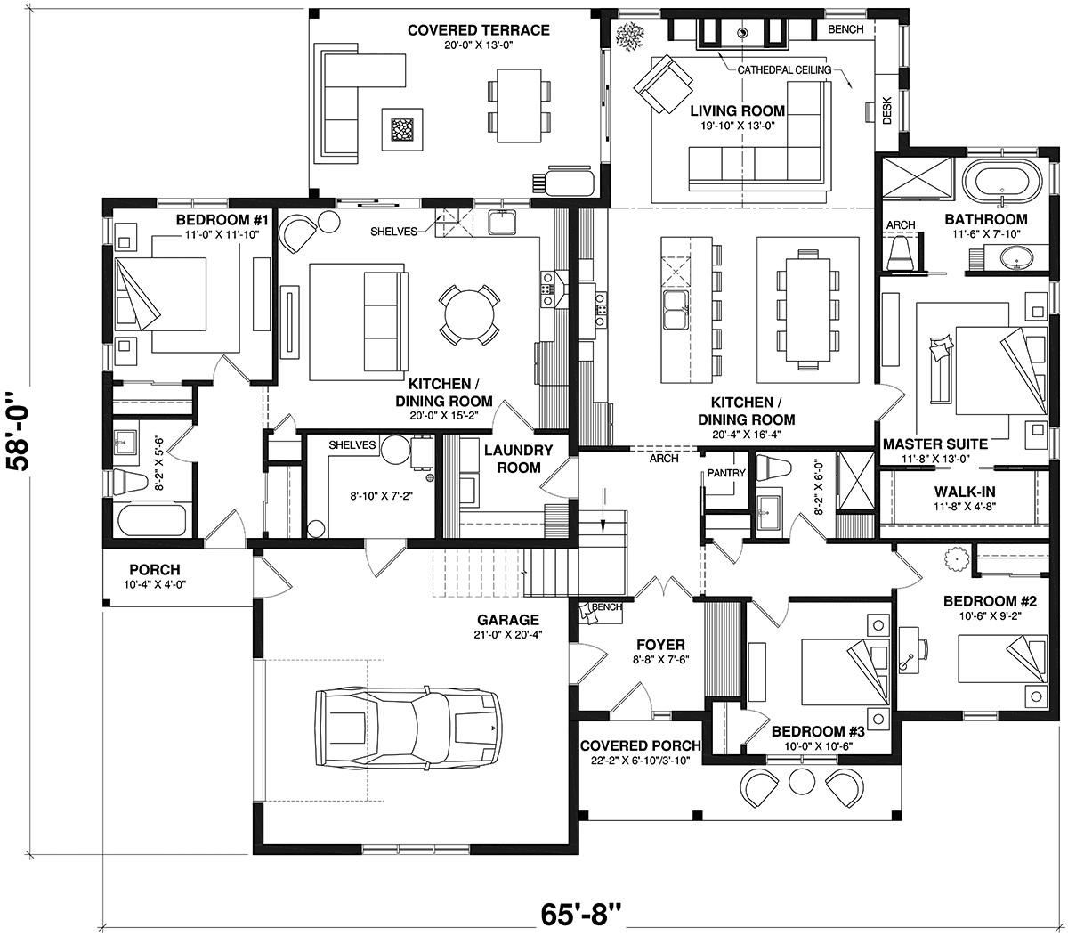 Farmhouse French Country Ranch Level One of Plan 81863