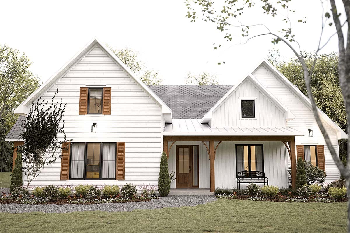 Farmhouse, French Country, Ranch Plan with 2717 Sq. Ft., 4 Bedrooms, 3 Bathrooms, 1 Car Garage Elevation