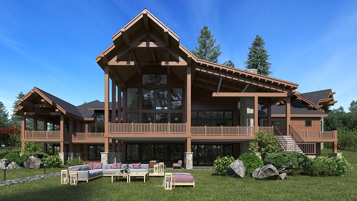 Craftsman, Log Plan with 10754 Sq. Ft., 5 Bedrooms, 9 Bathrooms, 4 Car Garage Rear Elevation