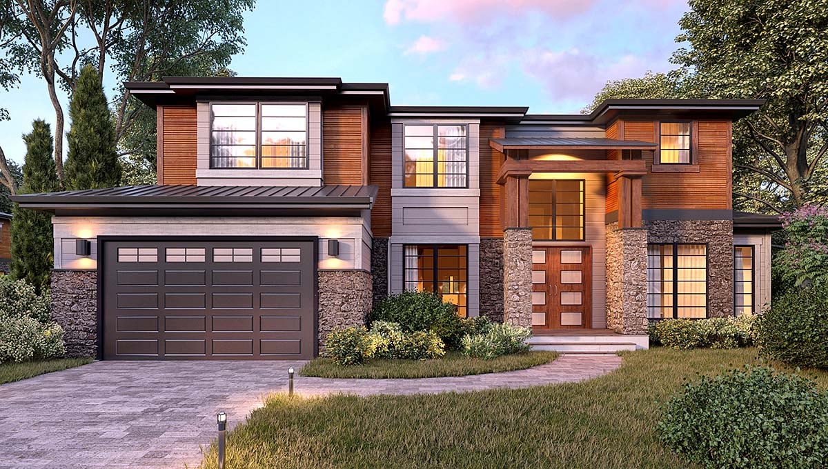 Modern Plan with 5472 Sq. Ft., 5 Bedrooms, 4 Bathrooms, 4 Car Garage Elevation