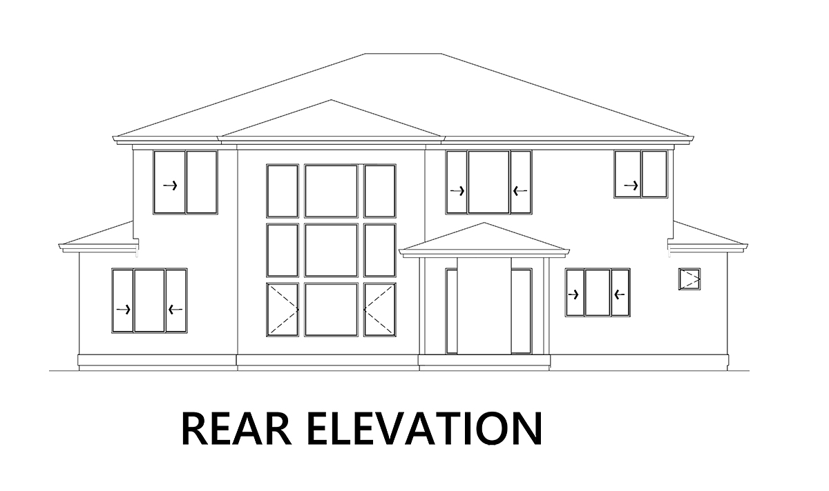 Modern Plan with 5472 Sq. Ft., 5 Bedrooms, 4 Bathrooms, 4 Car Garage Rear Elevation