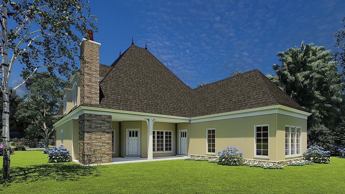 European, French Country, Tudor, Victorian Plan with 2889 Sq. Ft., 4 Bedrooms, 3 Bathrooms, 2 Car Garage Rear Elevation