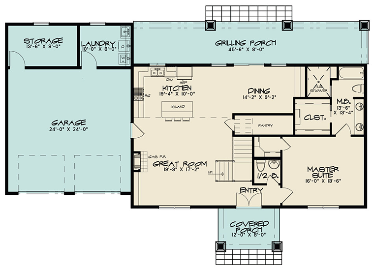 Colonial Country Craftsman Farmhouse Level One of Plan 82454