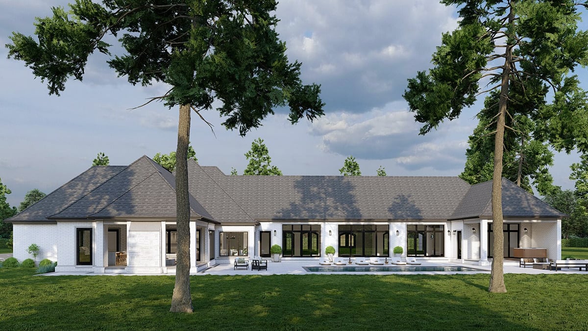 European, French Country, Mediterranean, Southern Plan with 6554 Sq. Ft., 4 Bedrooms, 6 Bathrooms, 3 Car Garage Rear Elevation