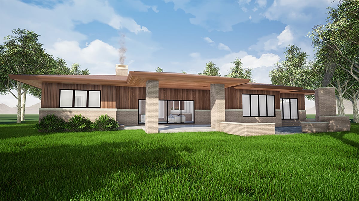 Contemporary One-Story Prairie Style Rear Elevation of Plan 82559