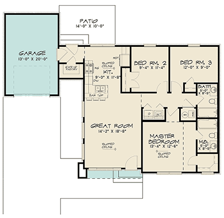 Modern House Plan 82569 with 3 Beds, 2 Baths, 1 Car Garage First Level Plan