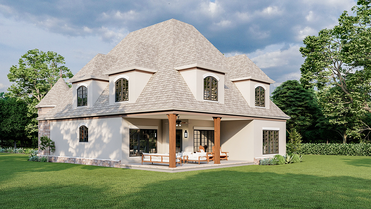 Craftsman, European, French Country, Tudor Plan with 3440 Sq. Ft., 4 Bedrooms, 3 Bathrooms, 2 Car Garage Rear Elevation