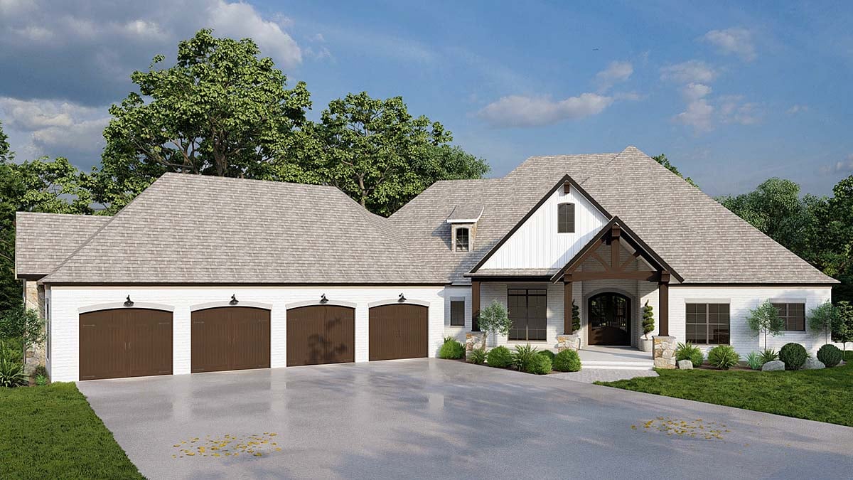 Bungalow, Craftsman, European, French Country Plan with 4231 Sq. Ft., 3 Bedrooms, 5 Bathrooms, 4 Car Garage Elevation