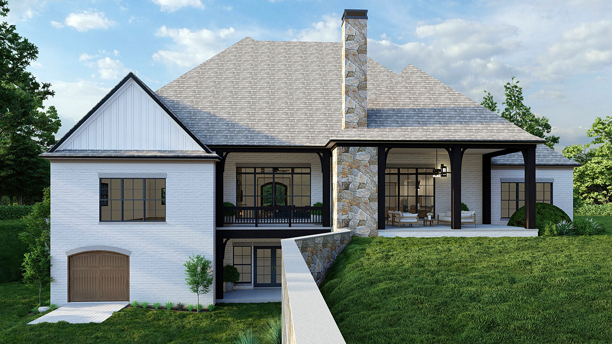 Bungalow, Craftsman, European, French Country Plan with 4231 Sq. Ft., 3 Bedrooms, 5 Bathrooms, 4 Car Garage Rear Elevation