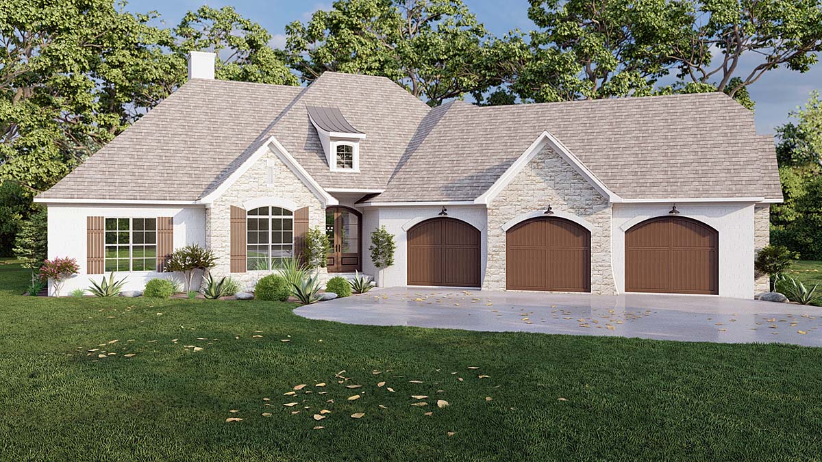 European, French Country, Traditional Plan with 2668 Sq. Ft., 4 Bedrooms, 4 Bathrooms, 3 Car Garage Elevation