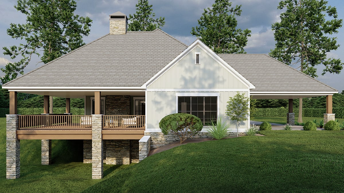 Bungalow, Cottage, Craftsman, Traditional Plan with 1937 Sq. Ft., 2 Bedrooms, 2 Bathrooms, 2 Car Garage Rear Elevation