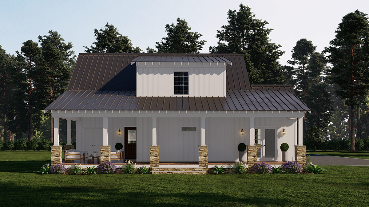 Cabin, Farmhouse Plan with 1571 Sq. Ft., 2 Bedrooms, 3 Bathrooms Rear Elevation