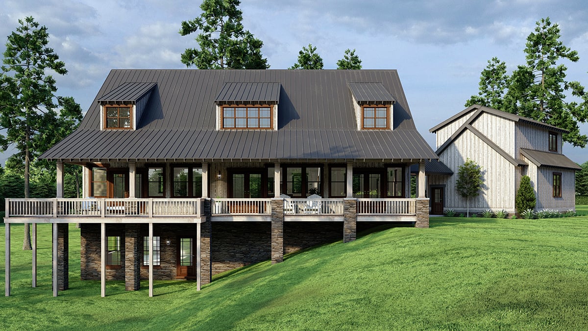 Barndominium, Country, Farmhouse, Southern Plan with 2761 Sq. Ft., 6 Bedrooms, 4 Bathrooms, 2 Car Garage Rear Elevation