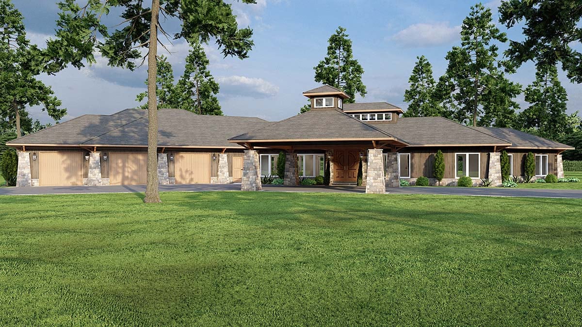 Contemporary, Prairie Style, Tuscan Plan with 3638 Sq. Ft., 4 Bedrooms, 3 Bathrooms, 3 Car Garage Elevation