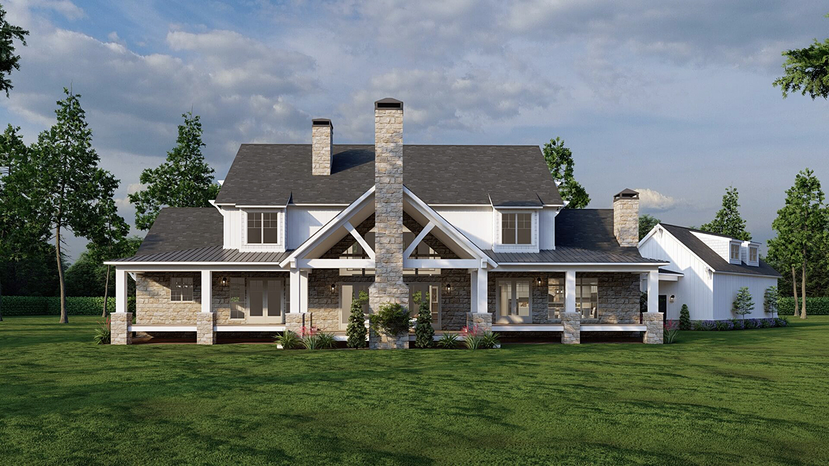 Country, Farmhouse Plan with 5178 Sq. Ft., 4 Bedrooms, 5 Bathrooms, 3 Car Garage Rear Elevation