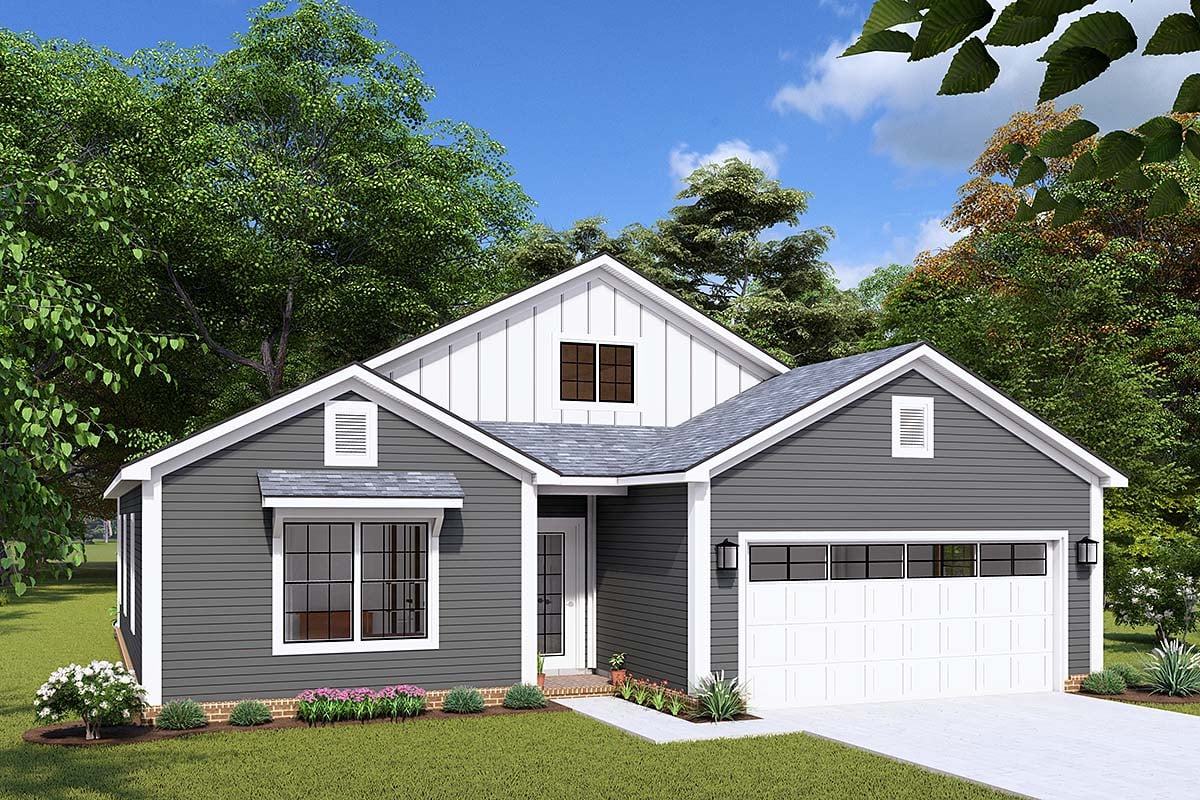 Cottage, Country, New American Style, Traditional Plan with 1400 Sq. Ft., 3 Bedrooms, 2 Bathrooms, 2 Car Garage Elevation