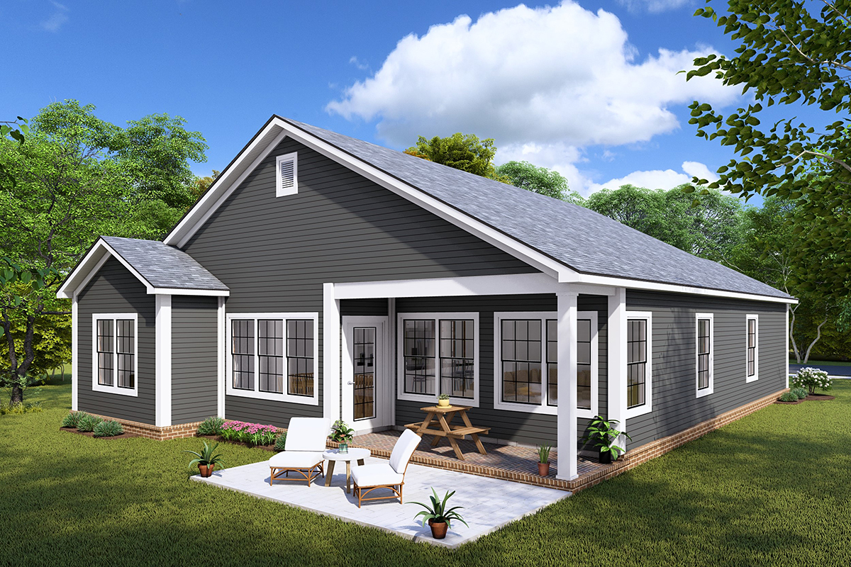 Cottage, Country, New American Style, Traditional Plan with 1400 Sq. Ft., 3 Bedrooms, 2 Bathrooms, 2 Car Garage Rear Elevation