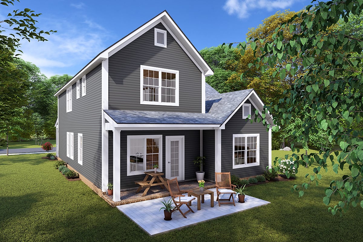 Cottage, Traditional Plan with 1844 Sq. Ft., 3 Bedrooms, 3 Bathrooms, 1 Car Garage Rear Elevation