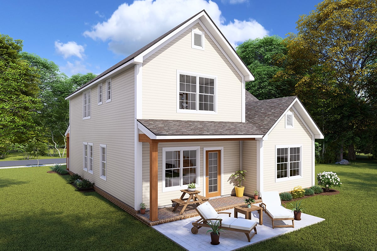 Cottage, Traditional Plan with 2020 Sq. Ft., 4 Bedrooms, 3 Bathrooms, 1 Car Garage Rear Elevation