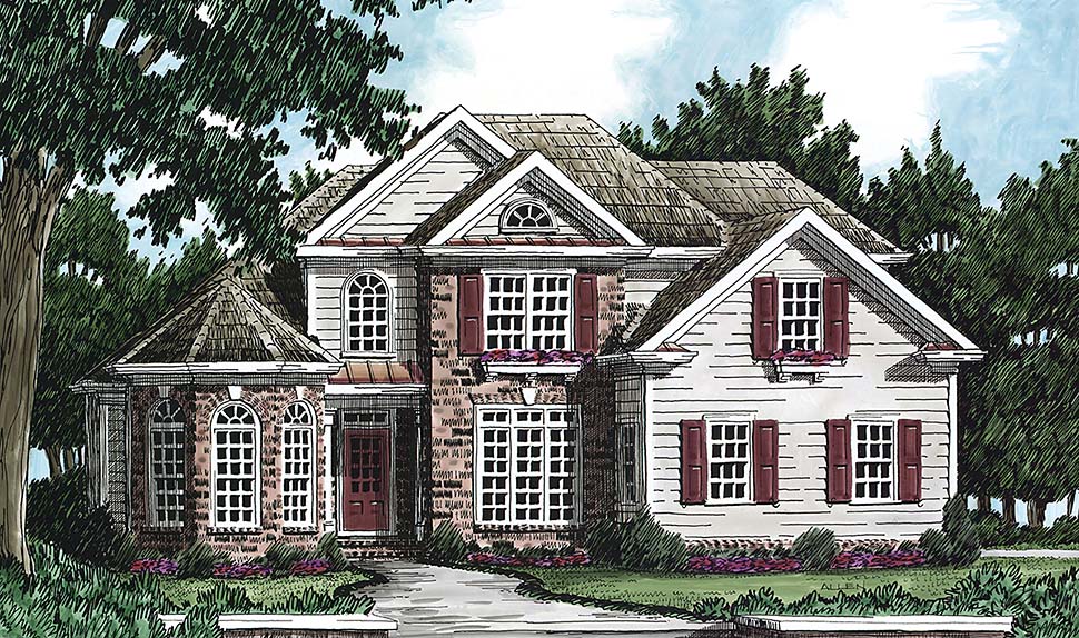 European, Traditional Plan with 2072 Sq. Ft., 4 Bedrooms, 3 Bathrooms, 2 Car Garage Elevation