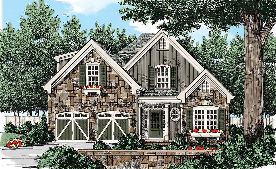 Colonial, European, French Country, Southern, Traditional, Tudor Plan with 1867 Sq. Ft., 4 Bedrooms, 3 Bathrooms, 2 Car Garage Elevation