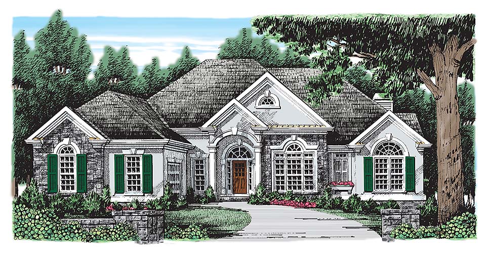 European, Traditional Plan with 2491 Sq. Ft., 3 Bedrooms, 3 Bathrooms, 2 Car Garage Elevation