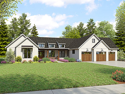 Farmhouse Ranch Southern Elevation of Plan 83538