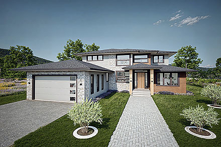 Contemporary Prairie Style Southwest Elevation of Plan 84636