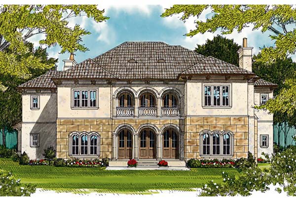 European, Mediterranean Plan with 7808 Sq. Ft., 5 Bedrooms, 6 Bathrooms, 4 Car Garage Rear Elevation