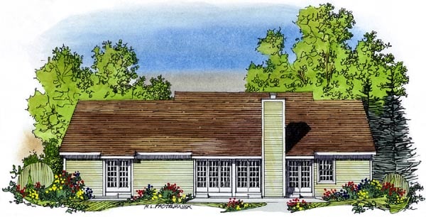 Colonial One-Story Southern Rear Elevation of Plan 86002