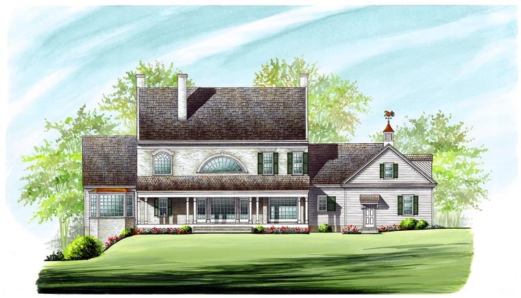 Colonial, Plantation, Southern Plan with 4263 Sq. Ft., 5 Bedrooms, 7 Bathrooms, 3 Car Garage Rear Elevation