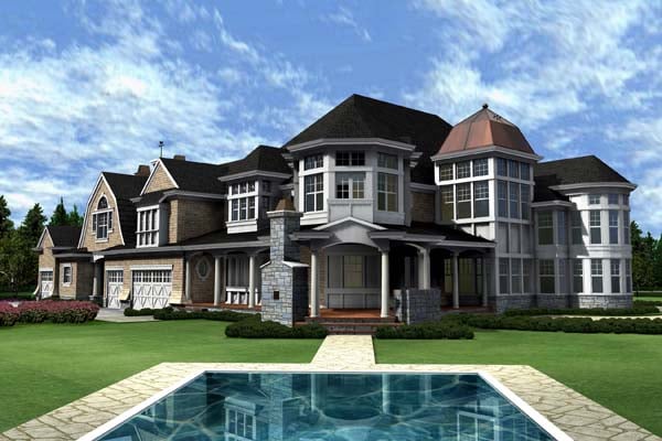 Coastal, Farmhouse Plan with 7900 Sq. Ft., 4 Bedrooms, 6 Bathrooms, 3 Car Garage Rear Elevation