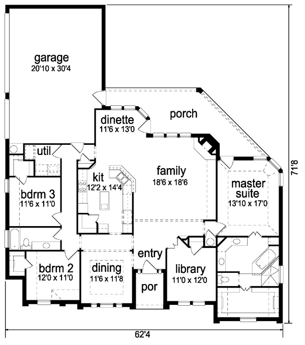 European One-Story Traditional Level One of Plan 88622