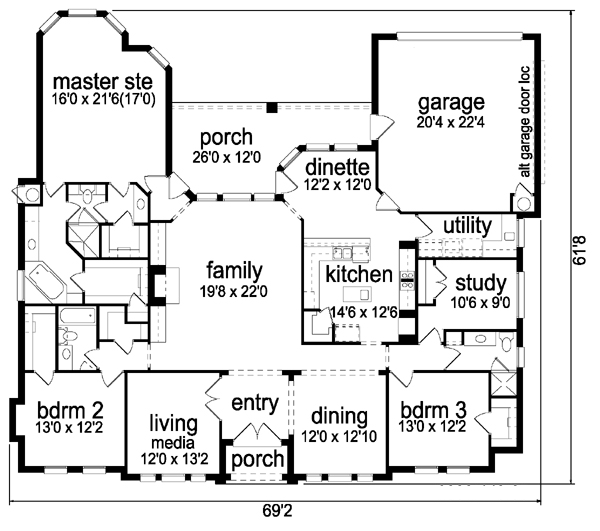 European One-Story Traditional Level One of Plan 88624