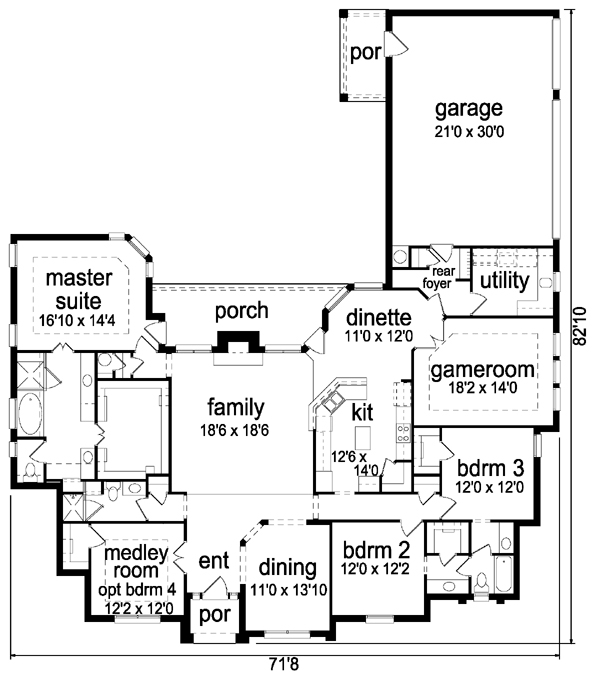 European One-Story Tudor Level One of Plan 88658