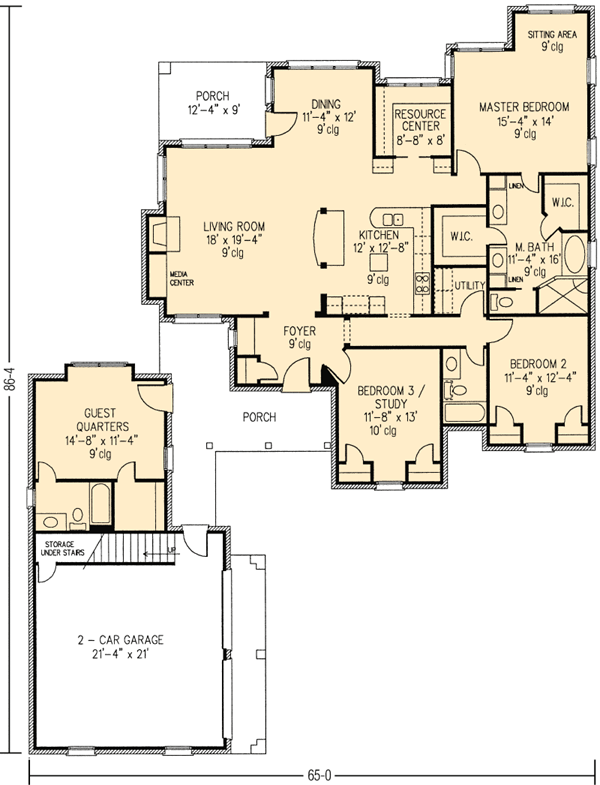 Country European One-Story Level One of Plan 90300