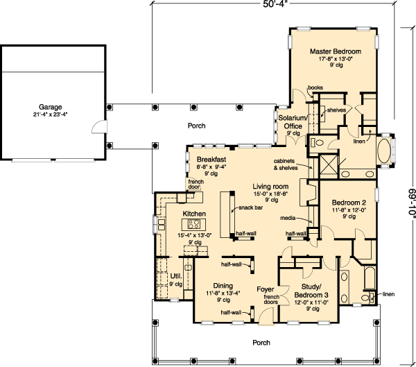 Country Farmhouse One-Story Southern Level One of Plan 90344