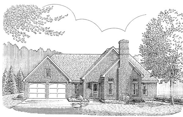 European, One-Story, Traditional Plan with 1541 Sq. Ft., 3 Bedrooms, 2 Bathrooms, 2 Car Garage Elevation
